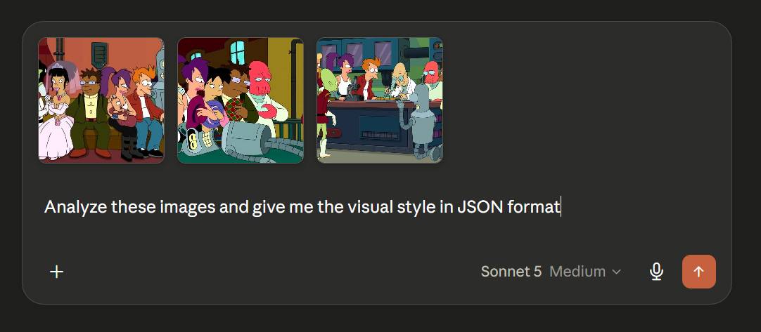 Screenshot Claude cu imaginea Futurama încărcată și promptul de analiză trimis