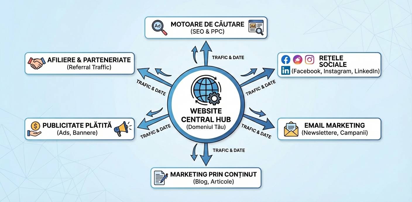 Diagramă explicativă: Website-ul ca hub central conectat la canalele de marketing